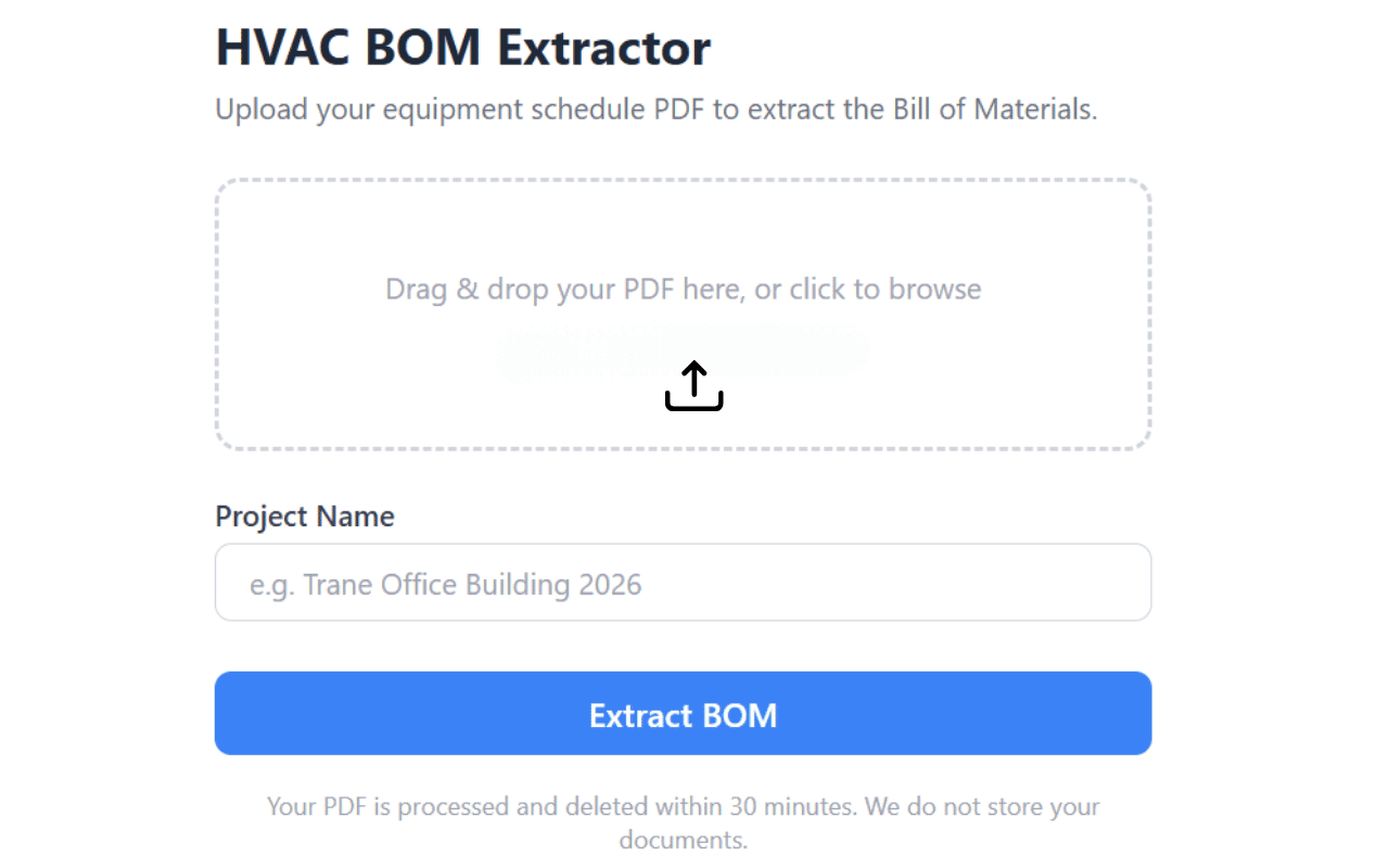 HVAC BOM Intelligence upload and AI extraction screen