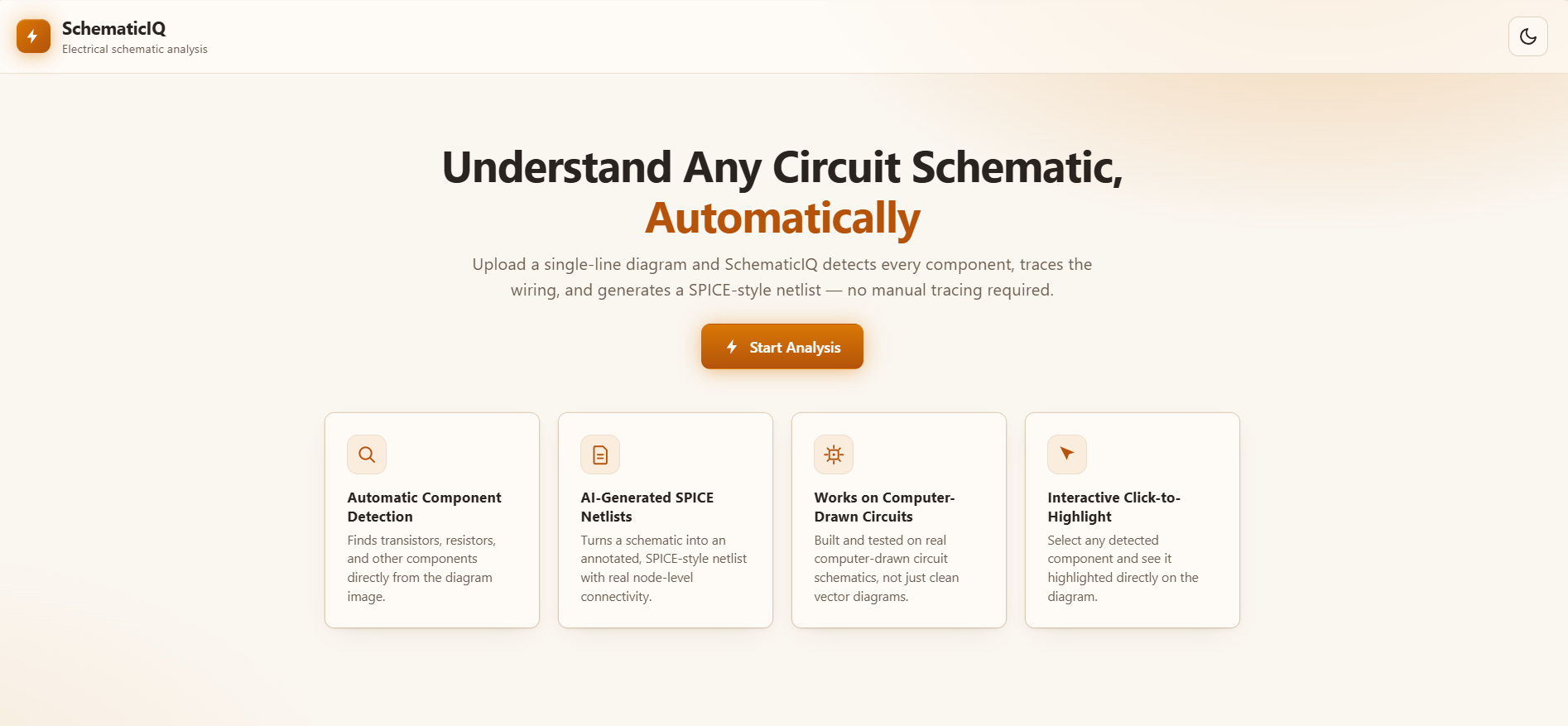 SchematicIQ upload screen for analyzing an electrical schematic