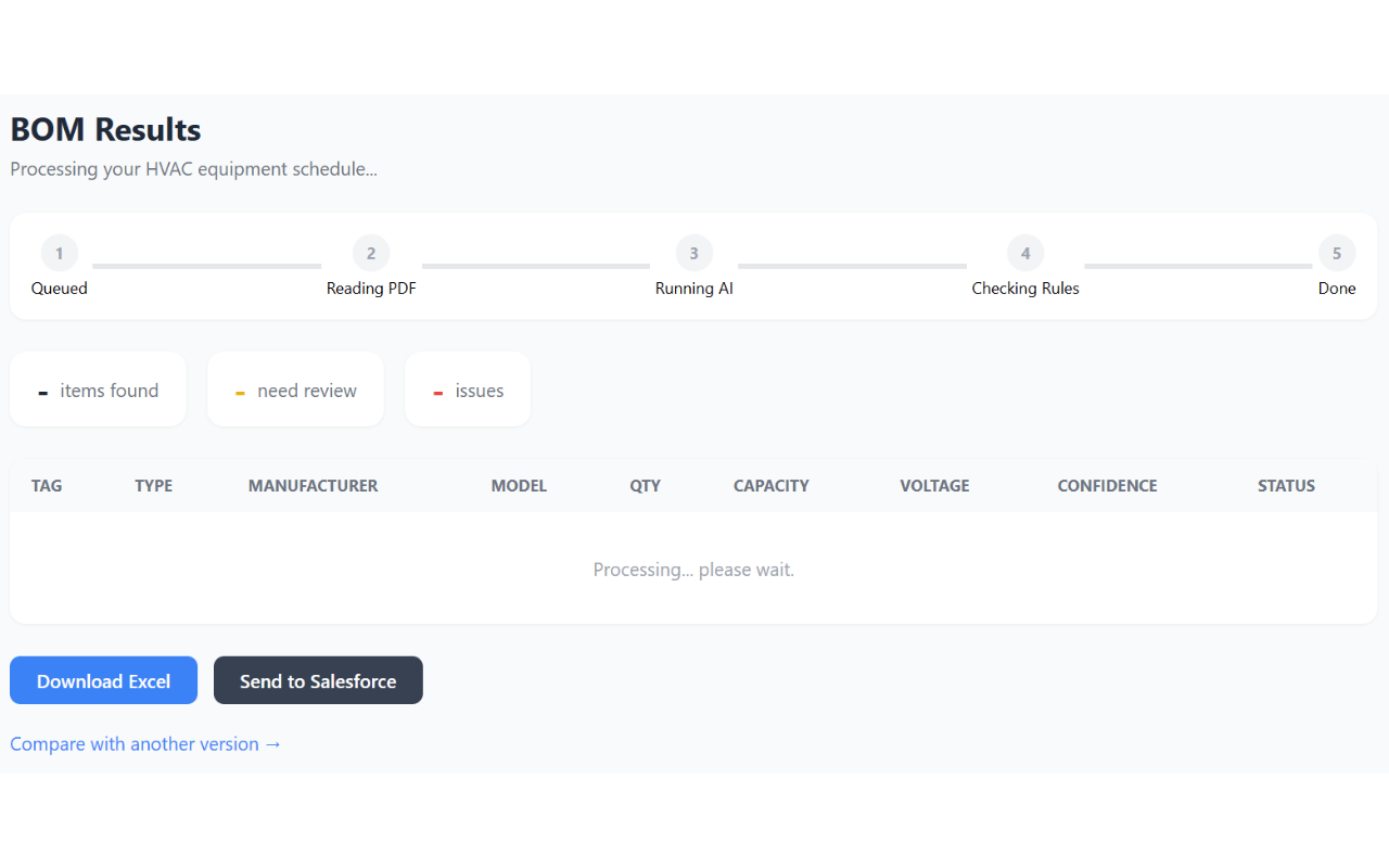 HVAC BOM Intelligence Excel and Salesforce output screen
