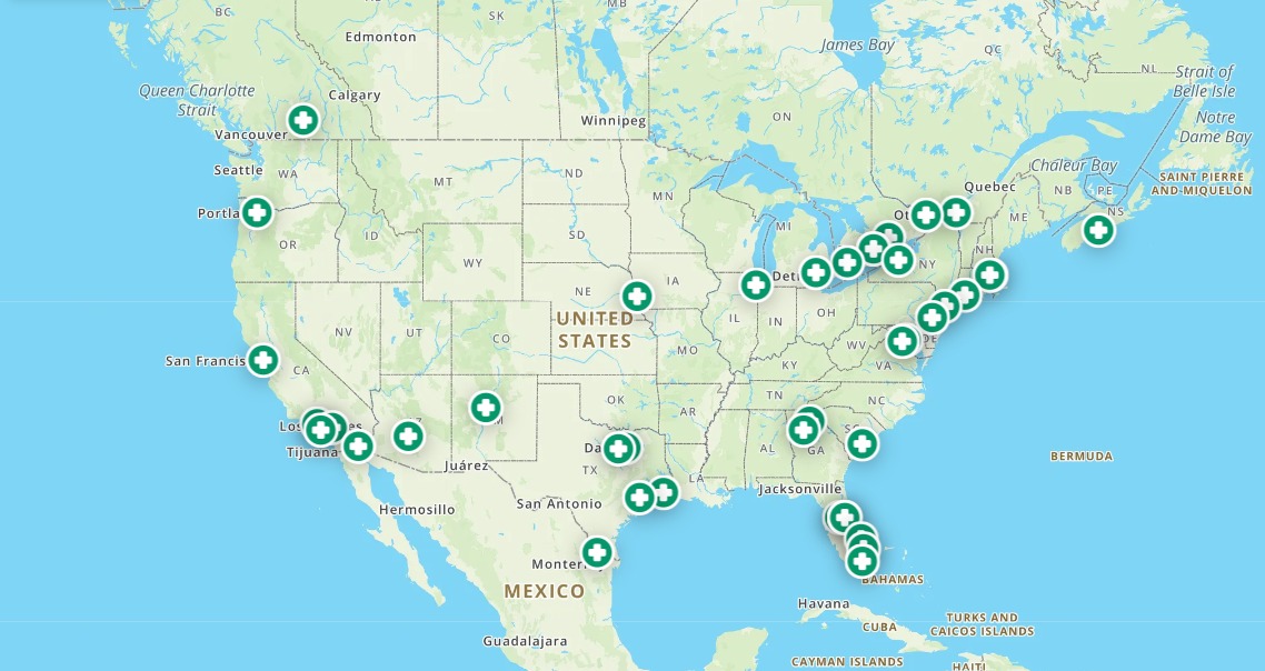 ClinTrial Navigator map view showing a recruiting trial site at McGill University Health Centre with a Find Physicians Nearby action and nearby specialist markers